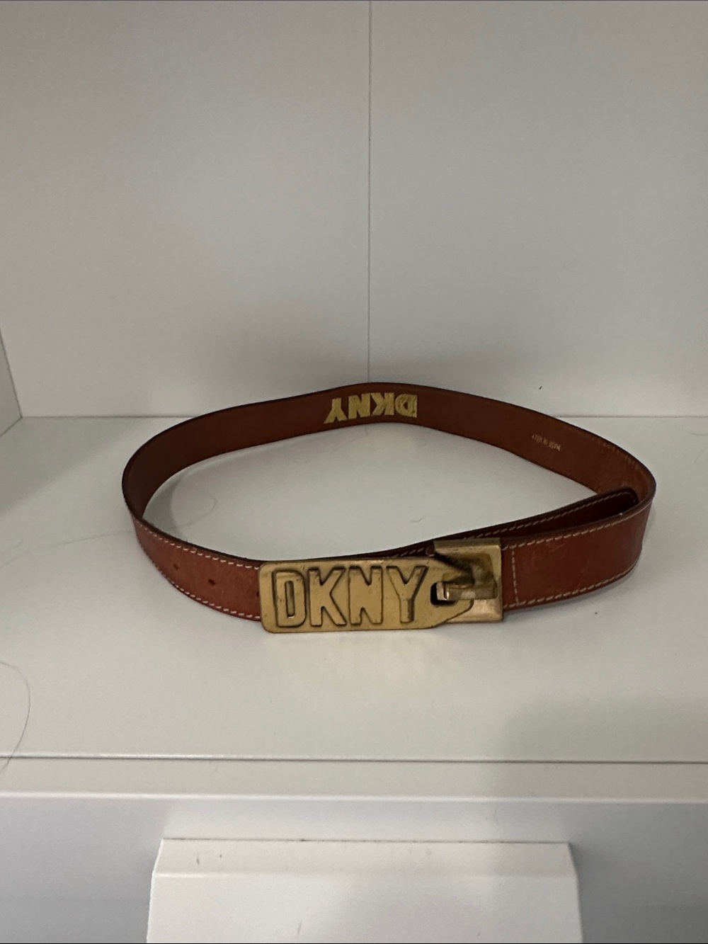 Vintage 1992 DKNY Tan Leather Belt with Gold Logo Buckle
